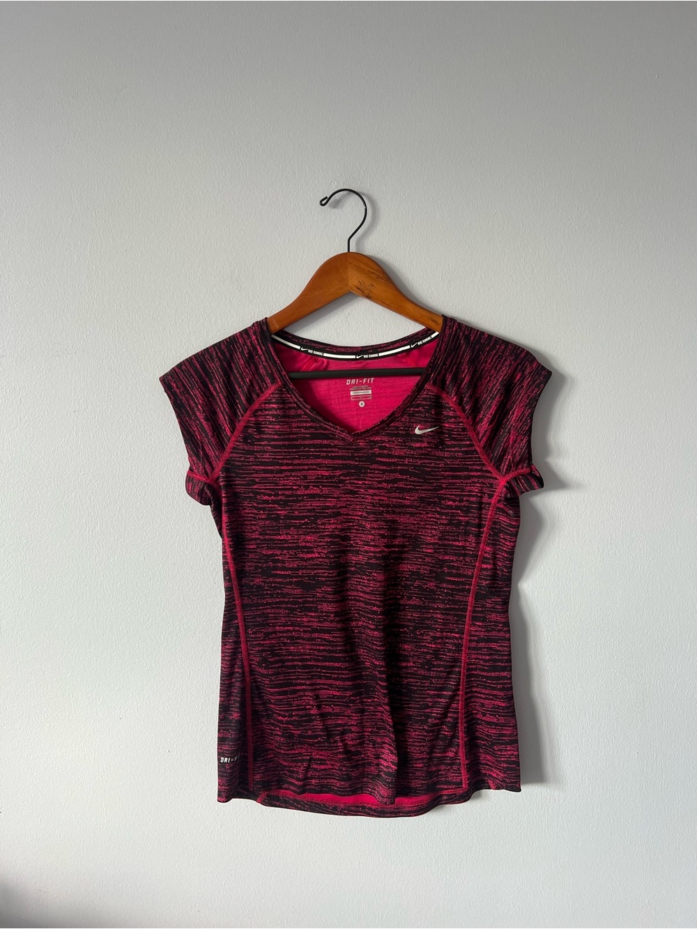 Nike Women's Pink and Black Space-Dye Dri-FIT Short Sleeve Top